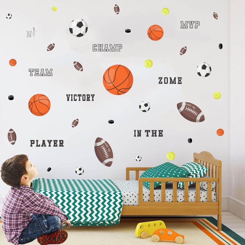 Kasubeso Sports Wall Decals, Basketball and Football Wall Stickers, Peel and Stick Removable DIY Inspirational Wall Decor for Boys Bedroom Classroom Kid's Nursery Room Playground - Image 1